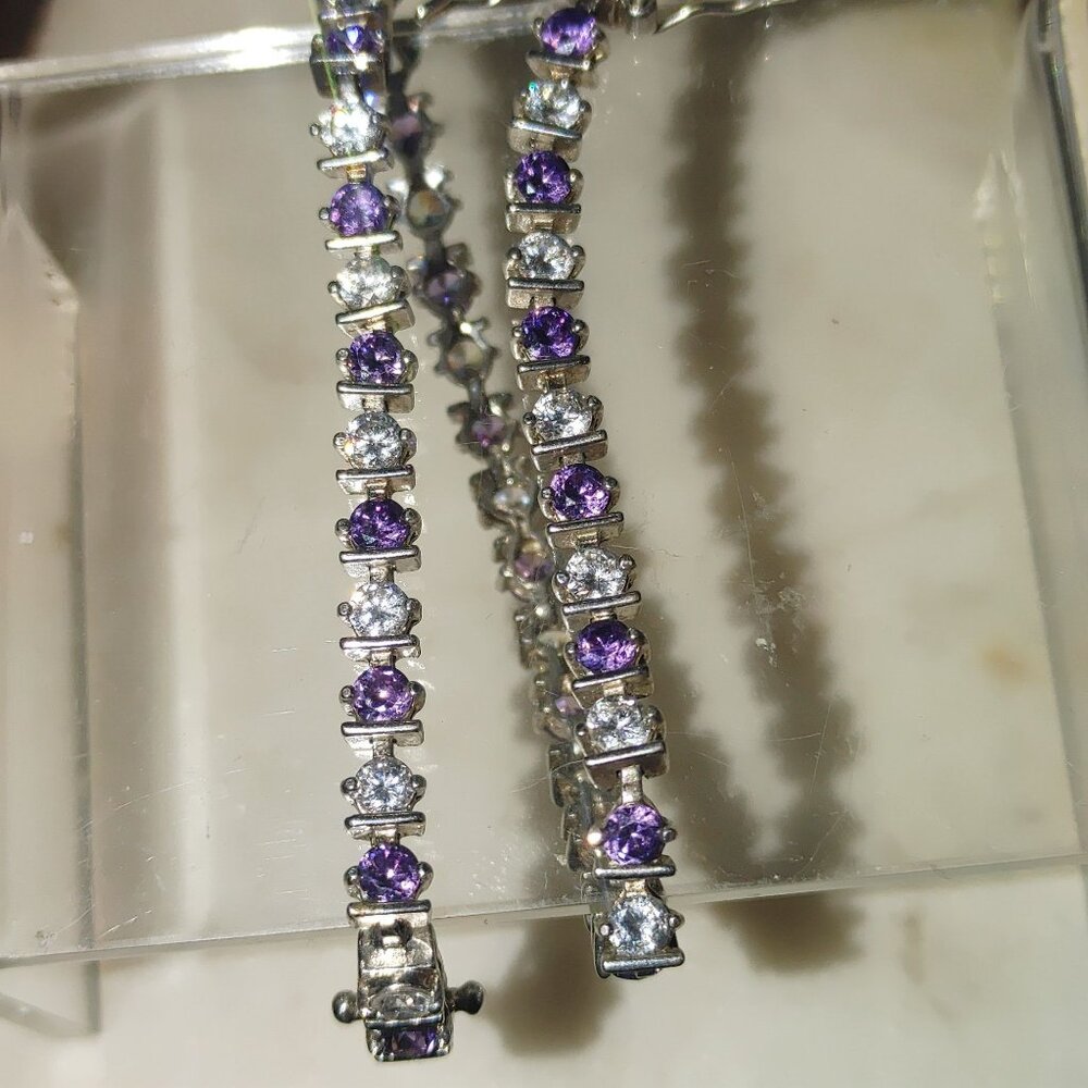 Sterling Silver CZ Bracelet 7 Inches Tennis  Sparkling Purple Clear Stonesn Gift